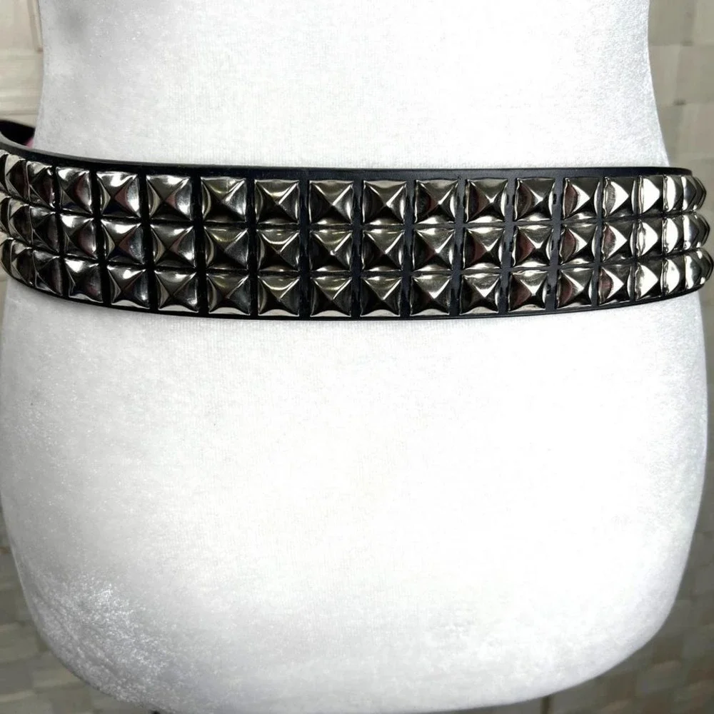 Unisex Black Faux Leather 3 Row Studded Belt Silver Tone Buckle Punk Goth Grunge